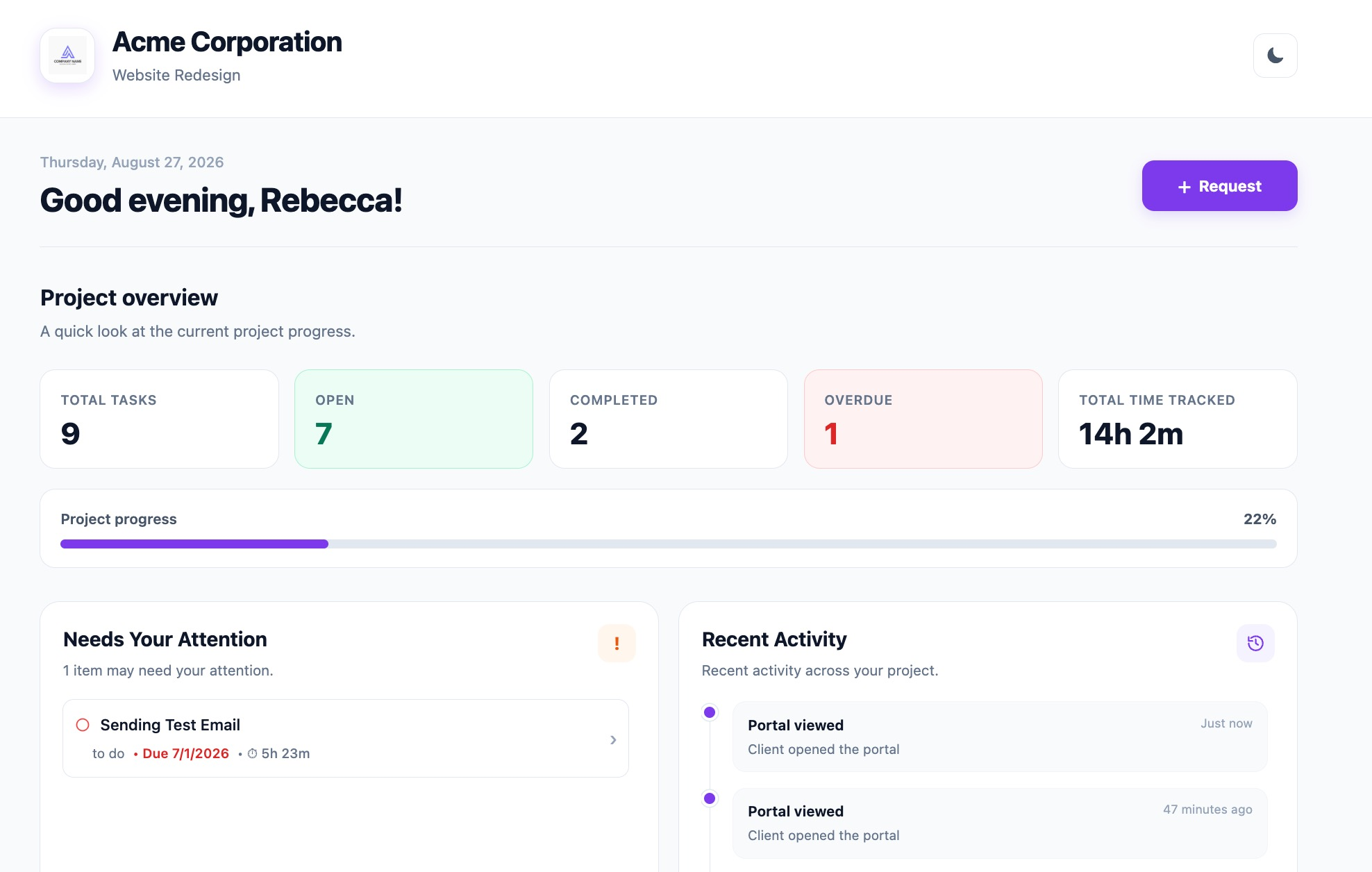 ClientDoq client portal showing project progress